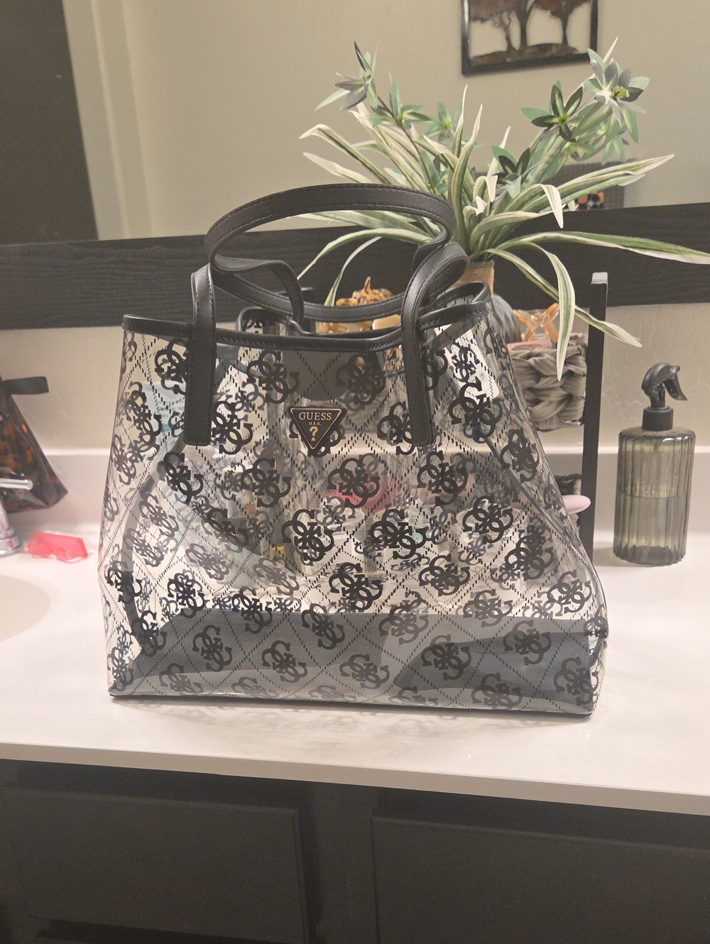 GUESS Clear Logo Tote with Black Trim - Picture 1 of 10